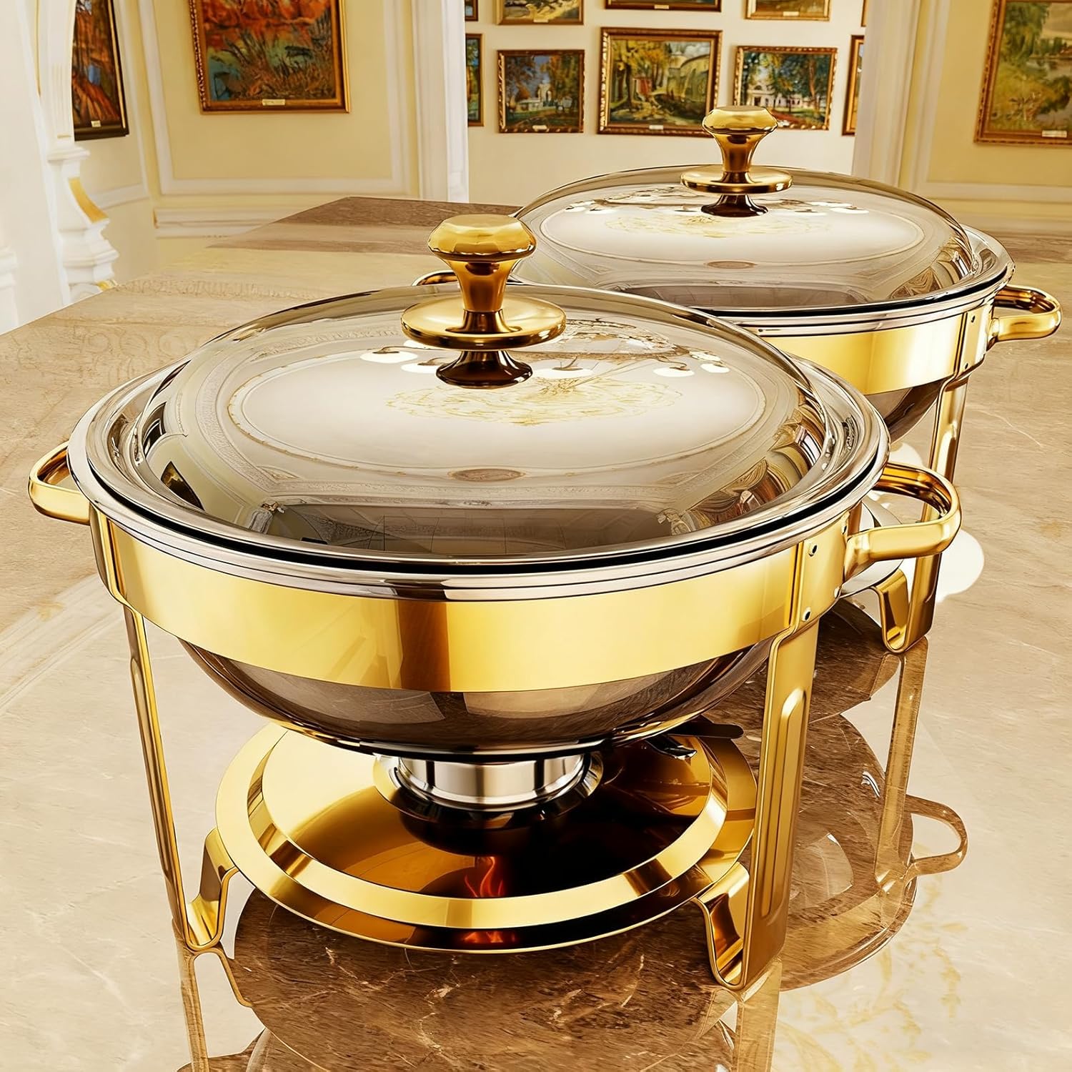 Chafing Dishes for Buffet, 4 Pack 5QT Round Stainless Steel Chafing Dish Set for Home Parties, Christmas Gatherings, Catering Events Complete Buffet Warmer Set Golden 2