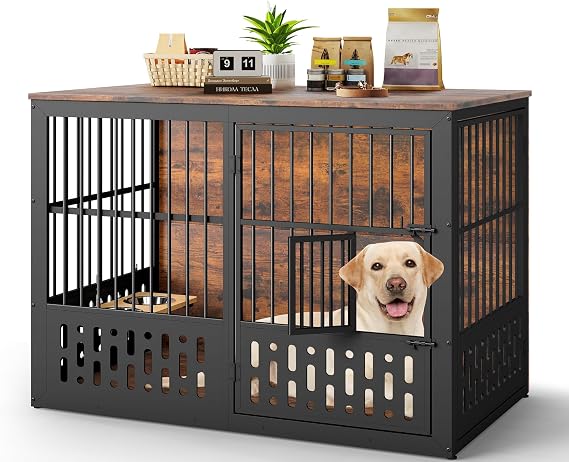 Rovibek 48 Inch Dog Crate Furniture, Wooden Dog Cage Furniture with Window and Adjustable Dogs Bowls 360 Rotatable, Heavy Duty XL Kennel Indoor as End Table, Brown