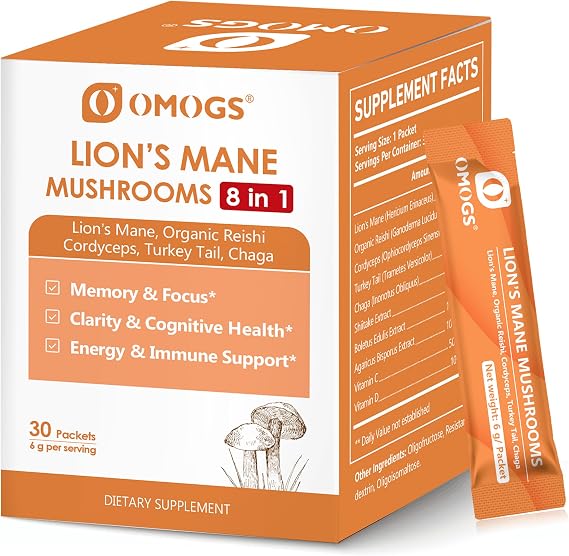 Organic Mushroom Complex Extract Powder Blend Lion's Mane, Reishi, Chaga, Cordyceps, Turkey Tail, Support Cognition, Clarity, Focus & Mood, Brain Health, 30 Servings