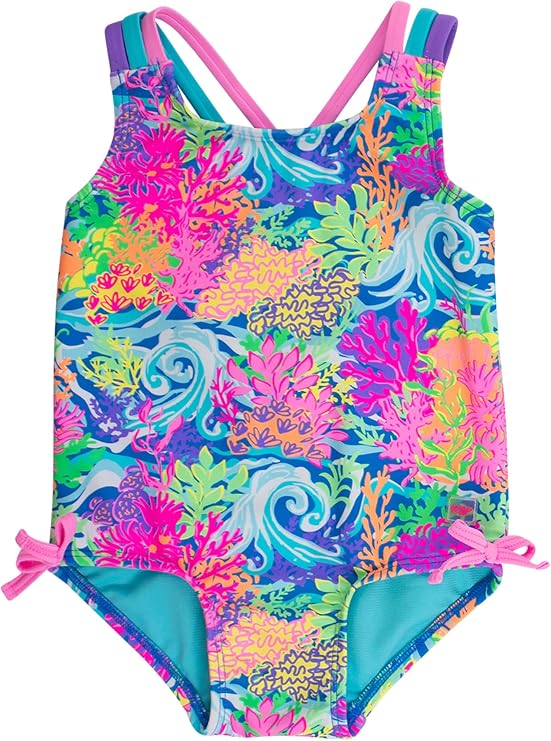 RuffleButts Girls UPF50+ Sun Protection Tie Shoulder/Cross Back One Piece Swimsuit