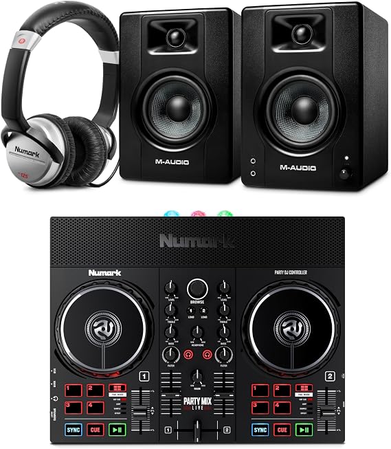 Numark Party Mix Live DJ Controller and M-AUDIO BX3 Pair Studio Monitors with Headphones for Studio Recording, Music Production, Podcasting, Streaming
