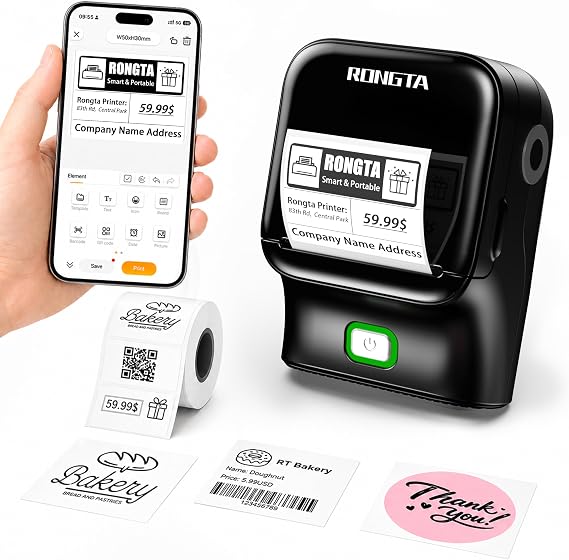 Rongta Bluetooth Label Maker Machine, Thermal Label Printer Easy to Use for Office, Home, Small Business, Came with 1 Roll 2x1.18 inch Label(Black)