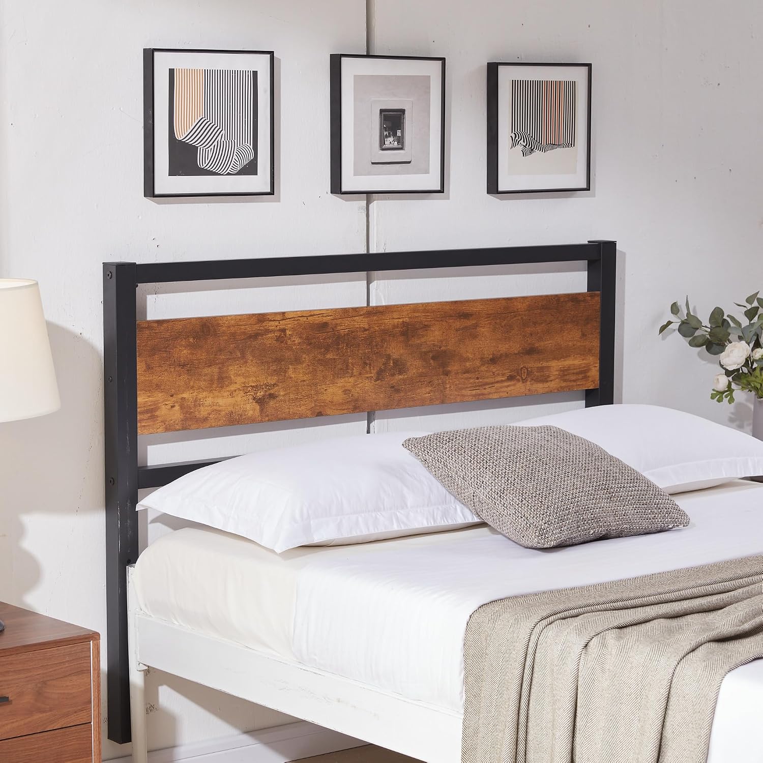 Kingfun Wood Headboard Full Size Bed, Full Headboard Only with Rustic Solid Wood Board Easy Assembly Full Headboard with Metal Slats Sturdy, Headboards for Adjustable Bed, 39’’ Tall, Rustic Brown