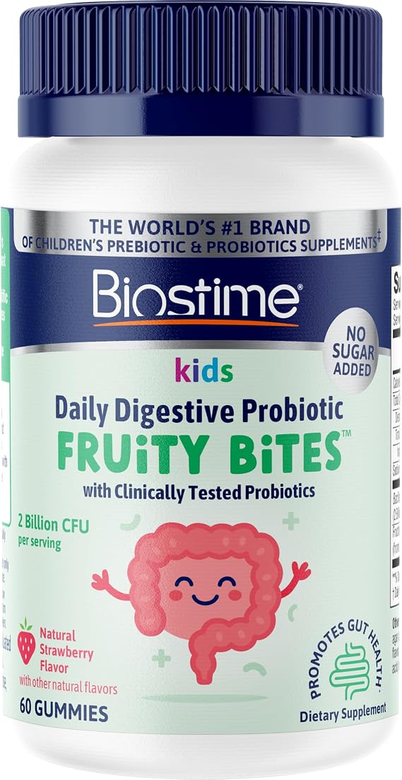 Biostime Kids Prebiotic & Probiotic Gummies (Ages 4+) | Probiotics for Kids | Includes 2 Billion CFU to Support Digestive Health| No added sugar Fruity Bites | Free from Top 9 Allergens |50 Count
