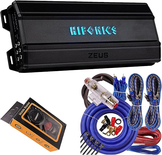 Hifonics ZTH-1625.5D Zeus Theta Compact Five Channel Car Audio Amplifier Silver Class D Amp, 1600-Watt Bridgeable, Bass Remote Included with Gravity Phone Holder and 4 Gauge Amp Kit Blue Bundle