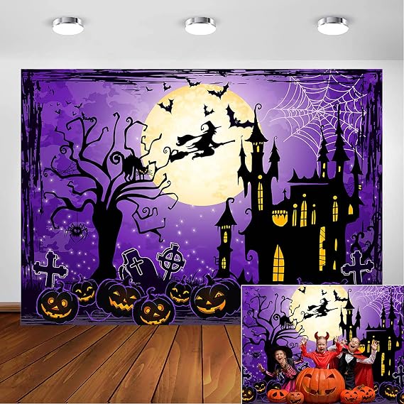 Avezano Halloween Backdrops for Photography Purple Sky and Moon Light Castle Pumpkin Lantern Gravedigger Halloween Background for Kids Child Party Decoration Photoshoot (7x5ft)