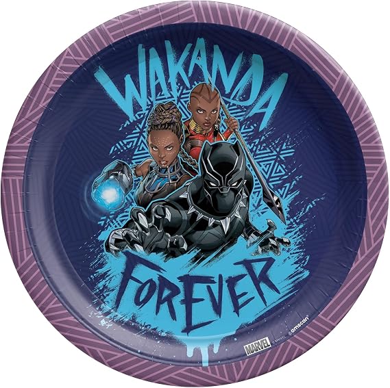 Amscan Round Plates, 7" (8-Pack) - Vibrant Premium Quality Party Plates, Perfect for Parties & Events, Black Panther Wakanda Forever