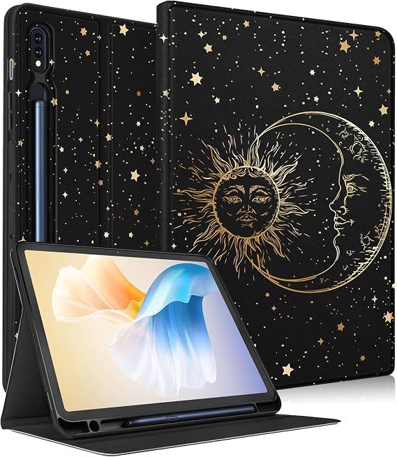 Wazzasoft for Samsung Galaxy Tab S9 Plus Case 12.4 Inch 2023 for Women Girls Cute Folio Cover with Pencil Holder Aesthetic Design Girly Kawaii Sun Moon Stars Tablet Case