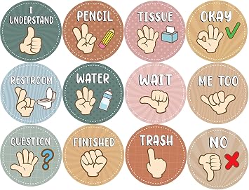 12Pcs Boho Hand Signal Posters, Sign Language Posters for Visual Cues, Boho Pastel Classroom Decor for Bulletin Board, Nonverbally Communicate Supply Decoration, Back to School Decorations