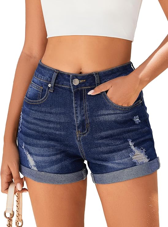 Bosmeer Women's Mid-High Rise Ripped Denim Shorts Stretchy Distressed Jean Shorts with Pockets Folded Hem Casual Summer Jorts