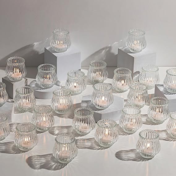 Glasseam Glass Tealight Candle Holder: 24 Pcs Ribbed Votive for Centerpiece