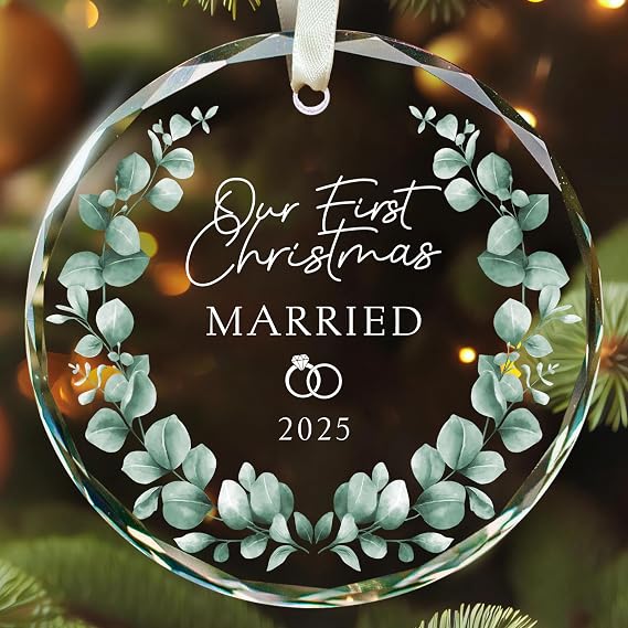 KATLADIZ First Christmas Married Ornament 2025 - Wedding Gifts - Wedding Gifts for Couples 2025 - Married Couple Gift for Bride, Newlyweds - Bride Bridal Shower Gift - Glass 1st Christmas Ornament
