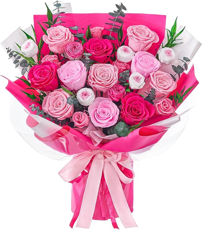 Preserved Flowers Bouquet, Flowers for Delivery Prime, Forever Flowers, Hot Pink | 24 Eternal Real Roses, Flowers, Flower Bouquet, Long lasting, Gift for Her, Wife, Mom, Valentine, Birthday, Graduation