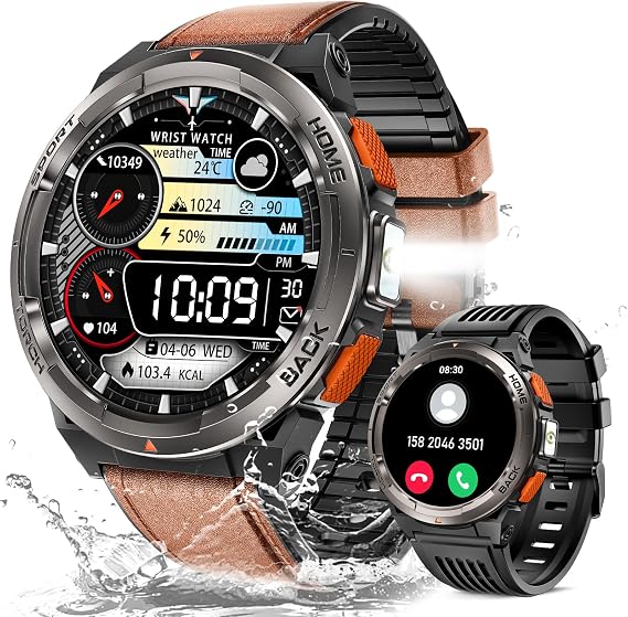 EIGIIS KE5 Military Smart Watch for Men with Flashlight SOS 3ATM Waterproof Watch 530mAh Big Battery 1.45" Rugged Tactical Smartwatch with Compass Elevation Barometer Fitness Watch for iPhone (Brown)