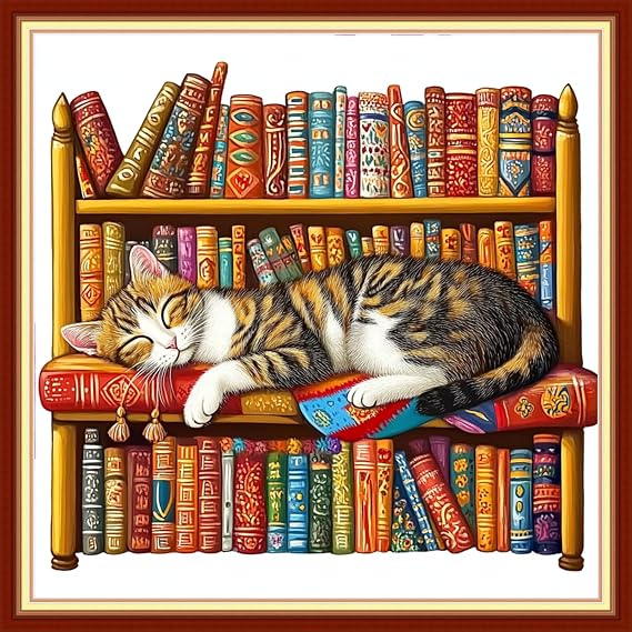 Foxhool Beginners Cross Stitch Kits Stamped Full Range of Embroidery Kits for Adults DIY Cross Stitches kit Embroidery Patterns for Needlepoint kit-Lazy cat Sleeping on the Bookshelf 18x18 inch
