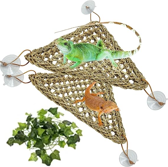 Tfwadmx 3 Pack Bearded Dragon Hammock Lizards Lounger Reptile Climbing Accessories, Natural Seagrass Fibers Hammock for Reptiles Geckos Anoles Iguanas Hermit Crabs Triangular