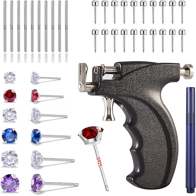 Ear Piercing Kit Professional Reusable Self Peircings Gun Tools With Silver Earrings Set Stainless Steel Studs For All Body Lip Nose Salon Home Use...