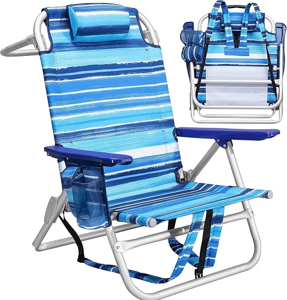 BOSSIN Backpack Beach Chairs for Adults,Portable Folding Camping Chair with Cup Holder & Towel Rack (Stripes_Blue)
