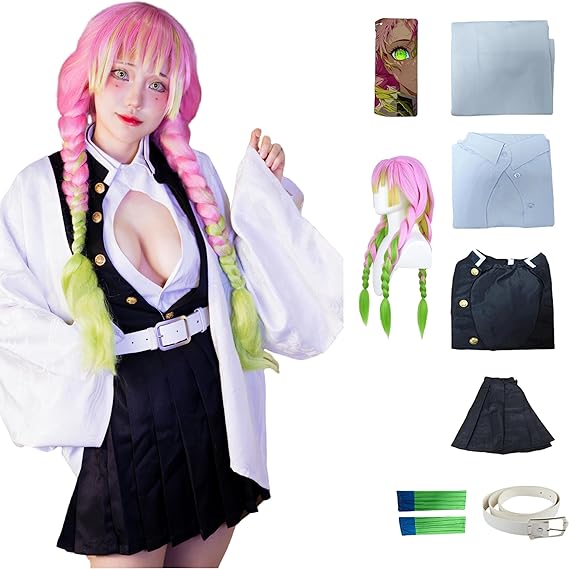 Mitsuri Cosplay Full Set Anime Love Hashira Costume With Wig for Halloween | Mitsuri Full Set Cosplay With Wig Anime Demons Slayter Costume Women Plus Size kimono for Halloween Party