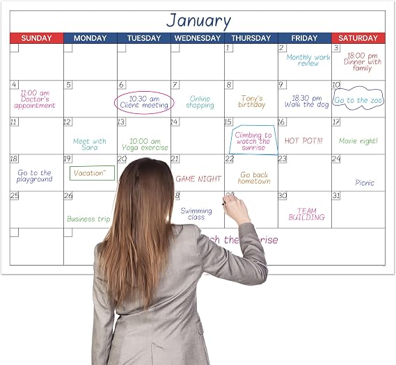 Dry Erase Calendar for Wall - Undated 1 Month Wall Calendar, 40'' x 28'', Erasable & Reusable Laminated Calendar with 10 Round Stickers, Large Calendar with Ample Space for Office, School, Home