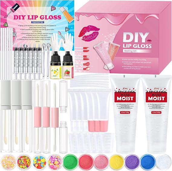 Jcoos Lip Gloss Making Kit, Make Your Own Lip Gloss Kit for Women Beginner, Girls, DIY Lipgloss Making Kits Lip Oil, Moisturizing Base, Pigments, Tubes, Women Gifts Unique, Popular Teen tuff