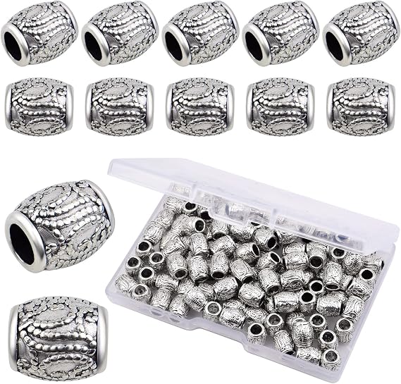 100pcs Antique Silver Oval Spacer Beads Alloy European Large Hole Loose Beads with A Plastic Box for DIY Bracelet Jewelry Making Handmade Decor, Hole: 4.3 mm
