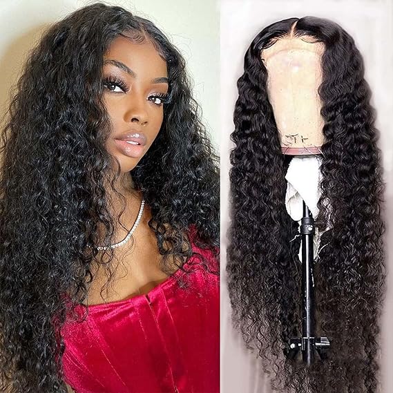 Curly Lace Front Wig Human Hair 13x4x1 T Part Water Wave Lace Front Wigs Human Hair Wet and Wavy Human Hair Wigs for Black Women Pre Plucked 150% Density Natural Black 18 Inch