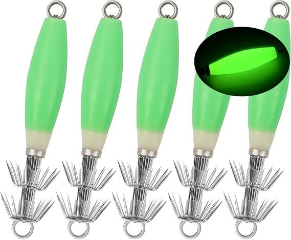 OROOTL Squid Jigs Saltwater Fishing Lures, 5/10pcs Glow Squid Jig Hooks Luminous Cuttlefish Sleeve Octopus Jig Baits Night Fishing Octopus Lures Set with Tackle Box
