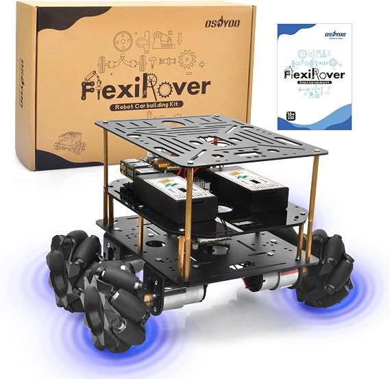 OSOYOO FlexiRover Robot Car Kit for Raspberry Pi Compatible with Pi 2/3/4/5, 520 Motors with Encoders, Mecanum Wheels, Servo Support, and High-Capacity Battery System (No Raspberry Pi Included)
