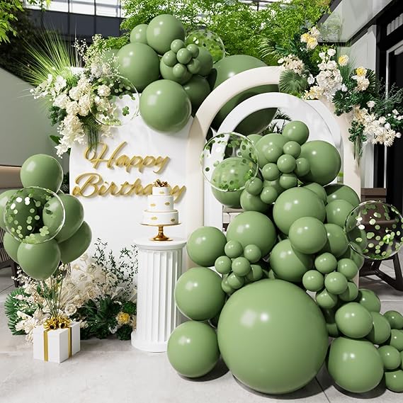 SUWEN Sage Green Balloons and Confetti 60PCS Balloons Set | 18/12/10/5 Inch Different Sizes Shiny Latex Helium Olive Balloon for Birthday Party Graduation Anniversary Decorations