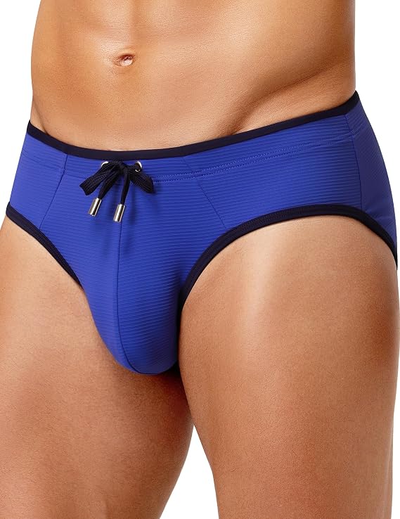 Casey Kevin Mens Swim Briefs Solid Striped Texture Bikini Drawstring Trunks