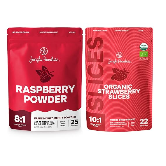 Jungle Powders Raspberry Powder 3.5 Ounce Bag, Food Grade Powdered Unsweetened Freeze Dried Raspberries + Freeze Dried Strawberries Organic USDA Certified Strawberry Slices 3.2 Ounce Bag