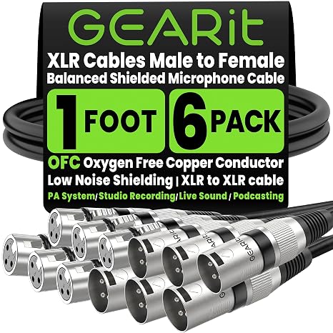 GEARit 22AWG OFC XLR Cables 1 FT 6-Pack Male to Female for Studio Recording