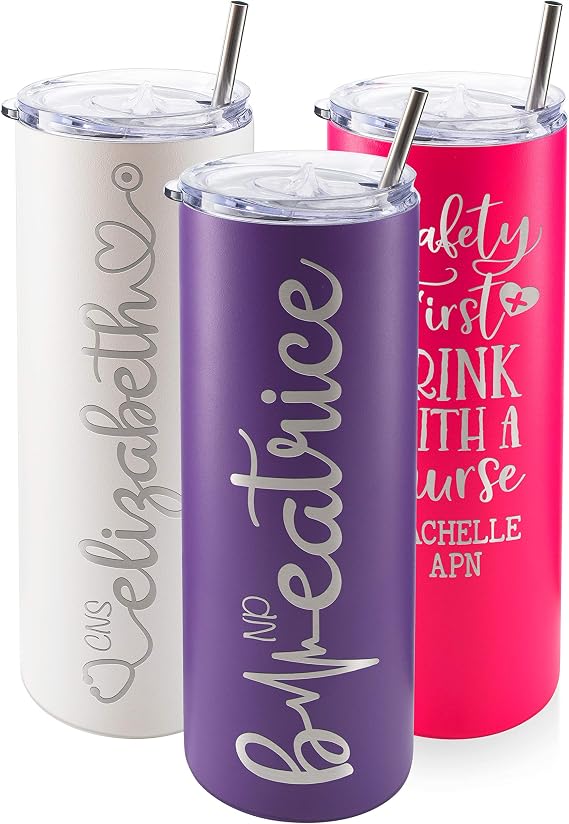 Nurse Gifts for Women, Personalized Nurse Tumbler w/Name and Specialty, 20 Oz Skinny, Purple, 8 Designs - w/Cleaning Brush, Gifts for Nurses, Graduation, Nurse Day, Birthday