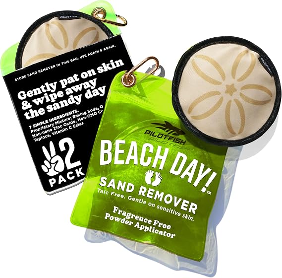 Pilotfish Beach Essentials Sand Remover Bag, Gentle Skin-Friendly Formula with 7 Natural Ingredients, Free of Talc and Fragrance, Sand Removal Beach Accessories, Must Haves, Gifts for Women (2-Pack)