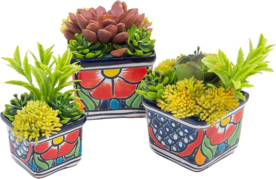 Mexican Pottery Flower Pot Painted Succulent Mini Plant Pots, Talavera Pottery Planter Style Hand Painted Multicolor 3 Piece Set (Square Multicolor)