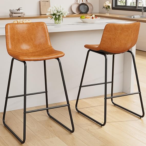 REONEY Bar Stools Set of 2, 26" PU Leather Counter Height Barstool, Brown | Modern Armless Bar Chairs, with Metal Legs and Footrest, Curved Backrest Support, for Kitchen Island Cafe