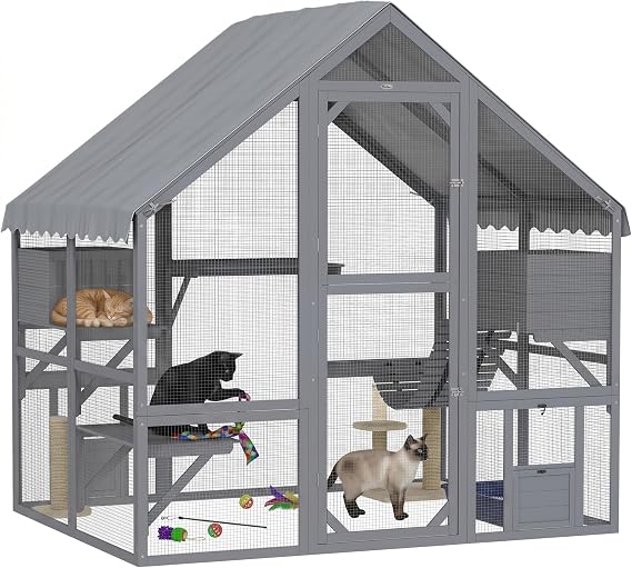 PawHut 73" L Large Catio Outdoor Cat Enclosure for Multiple Kittens Gray