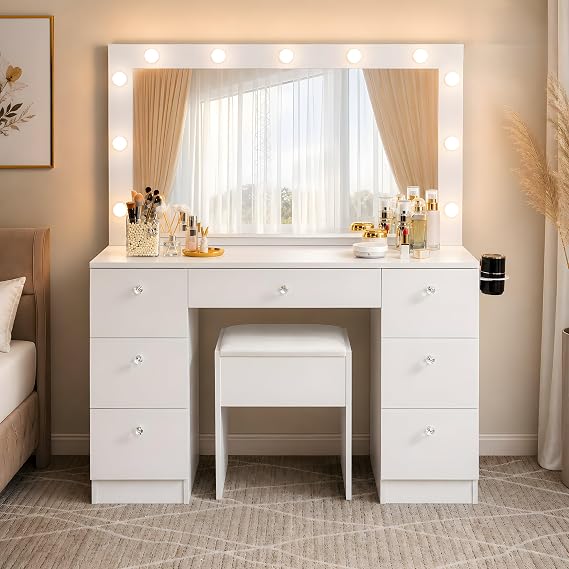 Naomi Home 46" Makeup Vanity Desk with Mirror & Led Lights, White | Vanity Set With 11 Led Bulbs, 3 Light Modes, 7 Drawers, Charging Station, And Matching Chair For Daily Makeup