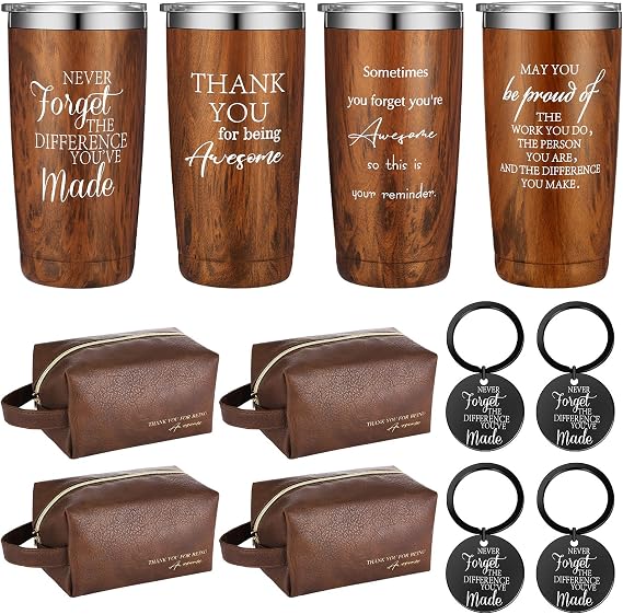 DERTE 12 Pcs Thank You Gift for Men Male Teacher Coworker Employee Appreciation Gift 20 oz Stainless Steel Tumbler with Lid Leather Toiletry Bag Inspirational Keychain Set for Dad Fathers Day Staff