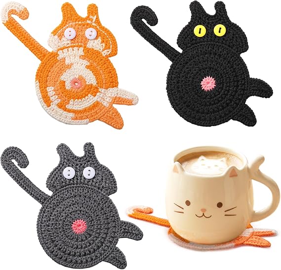 Yinsun Cat Coasters for Drinks 3 PCS Set, Cute Knitted Yarn Cup Mats