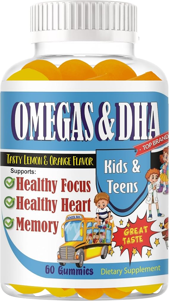 Kids Omega 3 DHA Gummies for Brain, Focus & Memory Support Focus Gummies for Kids & Teens, Childrens Vitamins for Concentration, Attention & Daily Wellness, Non-GMO, 60 Count