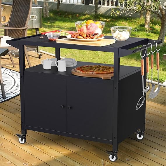 COZEER Outdoor Grill Table with Storage, Weatherproof Grill Cart | Portable, Outdoor Storage Box, Kitchen Island, Stainless Steel Table with Utensil Hooks & Rolling Lockable Caster Wheels
