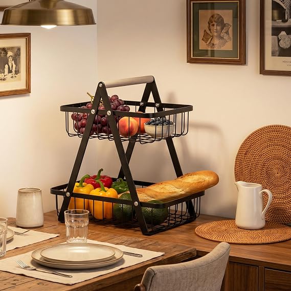 YRHome 2 Tier Fruit Bowl Stand Made of Metal Black - Fruit Basket Bread Basket Vegetable Rack with Wooden Handle - Removable Fruit Holder for Kitchen Storage - Vegetable Snacks