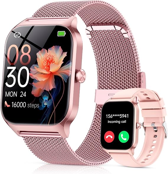 CASCHO Smart Watch for Women (2 Bands), Bluetooth Call Smartwatch with AI Voice,1.85" HD Fitness Watch,Heart Rate/SpO2/Steps/Sleep Monitor,120+ Sports Modes,IP68 Waterproof Watch for Android iOS-Rose