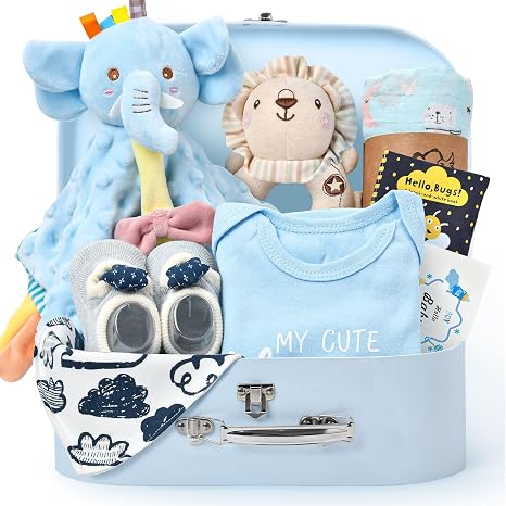 Baby Gift Boys Girls Newborn Gifts for Birth with Comforter Blanket / Baby Rompers / Socks / Muslin Blanket / Rattle Nappy Cake Gift Box Baby Shower Party Gender Reveal Gift (Blue)
