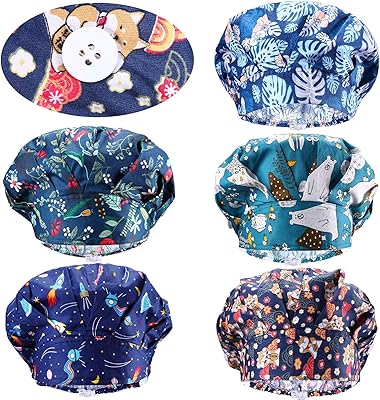 Geyoga 5 Pieces Adjustable Bouffant Nurse Caps with Buttons Printed Tie Back Hats with Sweatband Hat for Women Men 5 Styles