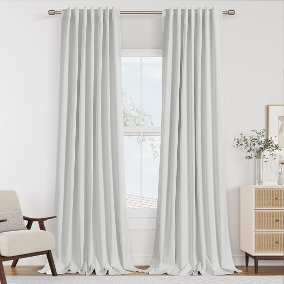 Guken White 100% Blackout Linen Curtains 84 Inch Length 2 Panels Set for Living Room Bedroom Back Tab Thermal Insulated 100% Black Out Drapes Room Darkening Farmhouse Style for Bedroom Curtains 52x84
