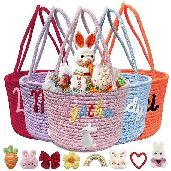 Personalized Easter Basket with Names Custom Made Easter Basket Easter Egg Hunt Basket Customized Easter Gift-Pink