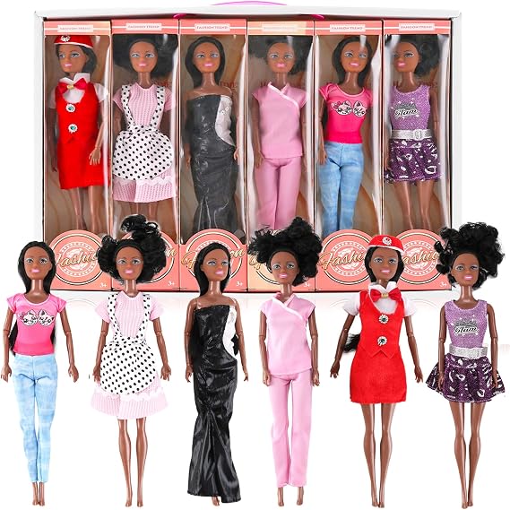 Liberty Imports 6 Set of African American Black Toy Dolls - 11.5" Premium Fashion Style Diversity Role Play Dolls, Bundle Variety Pack for Kids, Girls Party Favors
